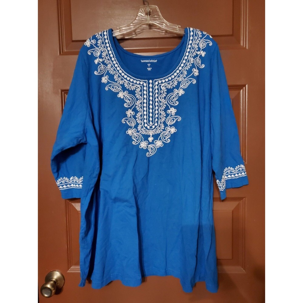 Woman Within Top Women Plus Size 2XL 26/28 Blue Embroidery Tunic - Picture 1 of 5
